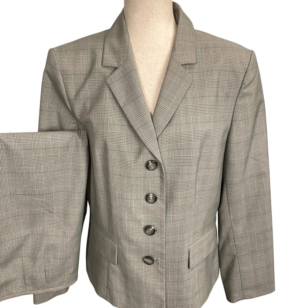 Evan Picone Skirt Suit Womens 16 Beige Turquoise Glen Plaid 2 pc Business Office
